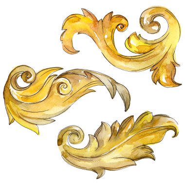 Altın monogram çiçek süsleme. Barok izole öğeleri Tasarla. Suluboya arka plan illüstrasyon seti.