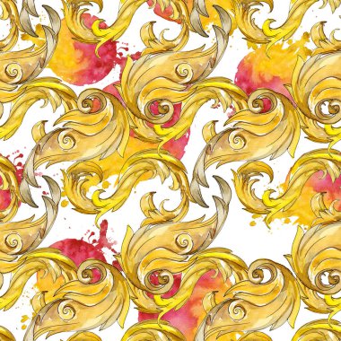 Altın monogram çiçek süsleme. Suluboya arka plan illüstrasyon küme. Sorunsuz arka plan deseni.