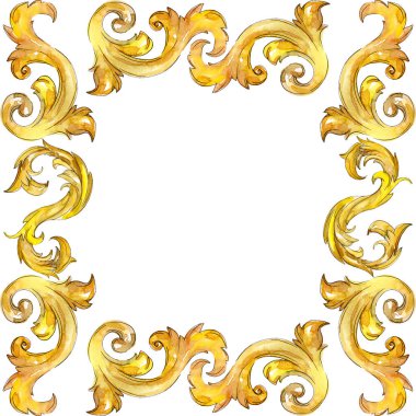 Altın monogram çiçek süsleme. Suluboya arka plan illüstrasyon küme. Çerçeve kenarlığı süsleme Meydanı.
