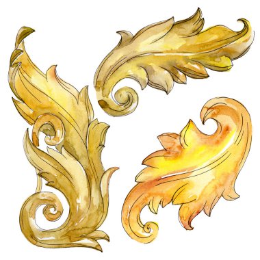 Altın monogram çiçek süsleme. Barok izole öğeleri Tasarla. Suluboya arka plan illüstrasyon seti.