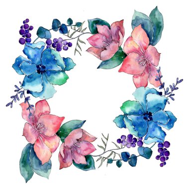 Buket çiçek botanik çiçekler. Suluboya arka plan illüstrasyon küme. Çerçeve kenarlığı süsleme Meydanı.