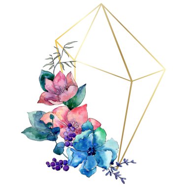 Buket çiçek botanik çiçekler. Suluboya arka plan illüstrasyon küme. Çerçeve kenarlığı kristal süsleme Meydanı.