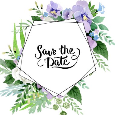 Menekşe buketi çiçek botanik çiçekler. Suluboya arka plan illüstrasyon küme. Çerçeve kenarlığı kristal süsleme Meydanı.