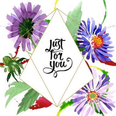 Mavi menekşe Aster botanik çiçek. Suluboya arka plan illüstrasyon küme. Çerçeve kenarlığı kristal süsleme Meydanı.