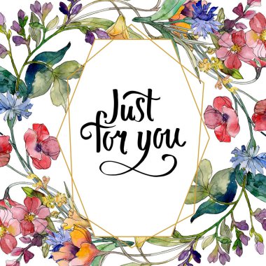 Kır çiçeği buket botanik çiçek. Suluboya arka plan illüstrasyon küme. Çerçeve kenarlığı kristal süsleme Meydanı.