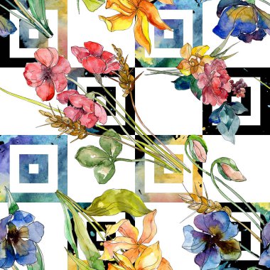 Lüks moda kır çiçekleri botanik çiçeklerle yazdırır. Suluboya resim kümesi. Sorunsuz arka plan deseni.