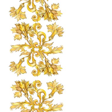 Altın monogram çiçek süsleme. Suluboya arka plan illüstrasyon küme. Sorunsuz arka plan deseni.