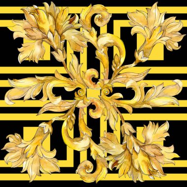 Altın monogram çiçek süsleme. Suluboya arka plan illüstrasyon küme. Sorunsuz arka plan deseni.