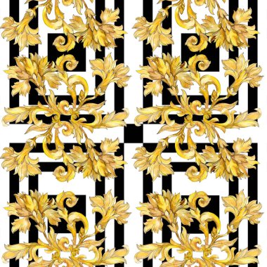 Altın monogram çiçek süsleme. Suluboya arka plan illüstrasyon küme. Sorunsuz arka plan deseni.