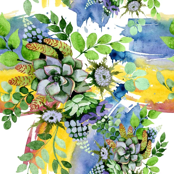 Sukkulenter Strauß blumiger botanischer Blumen. Aquarell Hintergrundillustration Set. nahtloses Hintergrundmuster. — Stockfoto