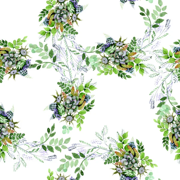 Succulent bouquet floral botanical flowers. Watercolor background illustration set. Seamless background pattern. — Stock Photo, Image