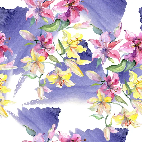 Lírios amarelos e roxos flores botânicas florais. Conjunto de ilustração de fundo aquarela. Padrão de fundo sem costura . — Fotografia de Stock