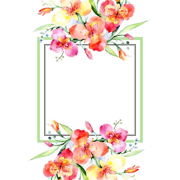 Fiori botanici floreali bouquet di viole arancioni. Acquerello sfondo illustrazione set. Quadrato ornamento bordo cornice . — Foto Stock