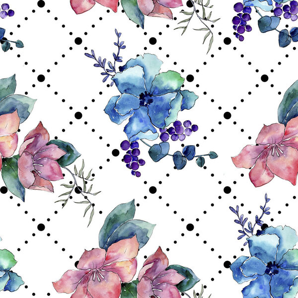 Bouquet floral botanical flowers. Watercolor background illustration set. Seamless background pattern.