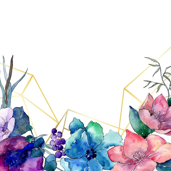 Bukiet kwiatowy kwiaty botanicznych. Zestaw ilustracji tle akwarela. Ramki granicznej crystal ornament square. — Zdjęcie stockowe