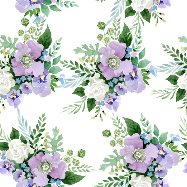 Violet boeket bloemen botanische bloemen. Aquarel achtergrond afbeelding instellen. Naadloze achtergrondpatroon. — Stockfoto