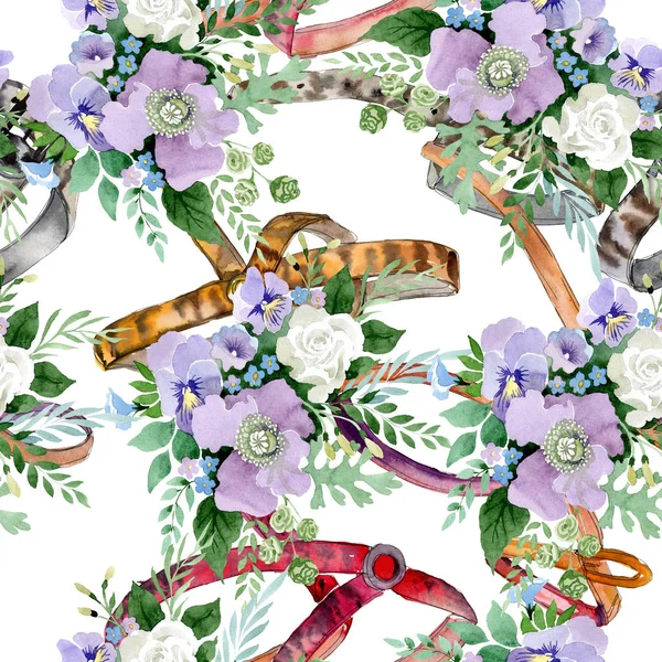 Ramo violeta flores botánicas florales. Conjunto de ilustración de fondo acuarela. Patrón de fondo sin costuras . — Foto de Stock