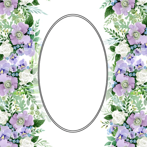 Buquê violeta flores botânicas florais. Conjunto de ilustração de fundo aquarela. Quadro borda ornamento quadrado . — Fotografia de Stock