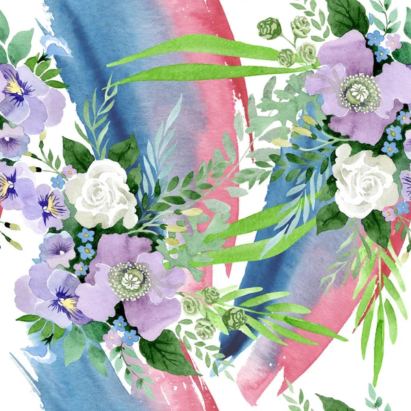 Violet bouquet floral botanical flowers. Watercolor background illustration set. Seamless background pattern. — Stock Photo, Image