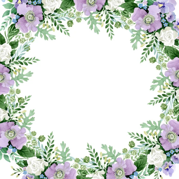 Violet boeket bloemen botanische bloemen. Aquarel achtergrond afbeelding instellen. Frame grens ornament vierkant. — Stockfoto