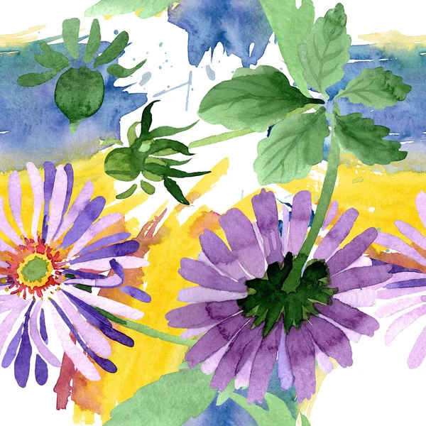 Blue violet asters flores botánicas florales. Conjunto de ilustración de fondo acuarela. Patrón de fondo sin costuras . —  Fotos de Stock
