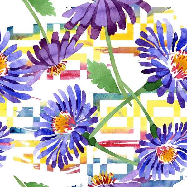 Blue violet asters floral botanical flowers. Watercolor background illustration set. Seamless background pattern. — Stock Photo, Image