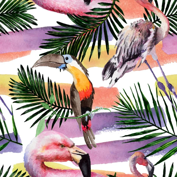 Exotic red flamingo in a wildlife isolated. Watercolor background illustration set. Seamless background pattern. — Stock Photo, Image