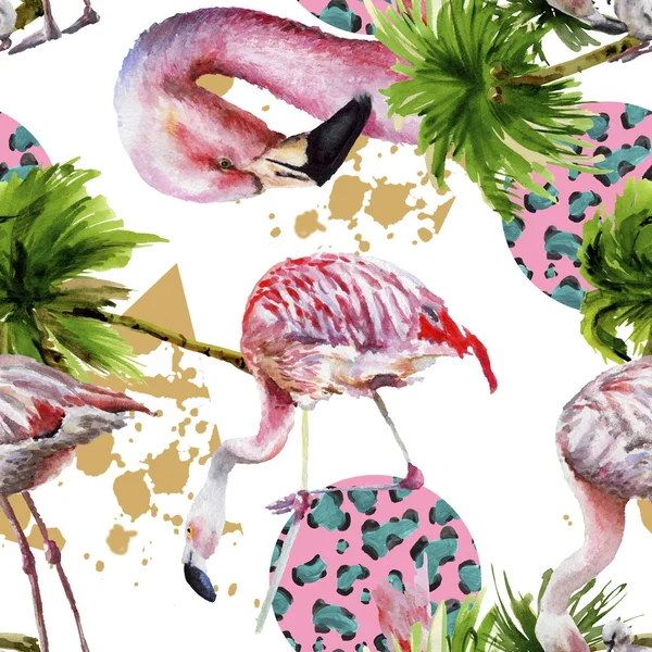 Exotic red flamingo in a wildlife isolated. Watercolor background illustration set. Seamless background pattern. — Stock Photo, Image