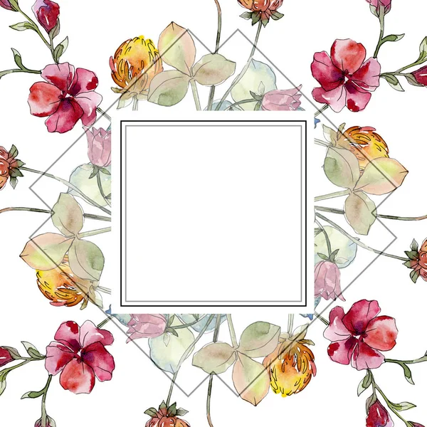 Wildflowers print floral botanical flower. Conjunto de ilustración de fondo acuarela. Marco borde ornamento cuadrado . — Foto de Stock