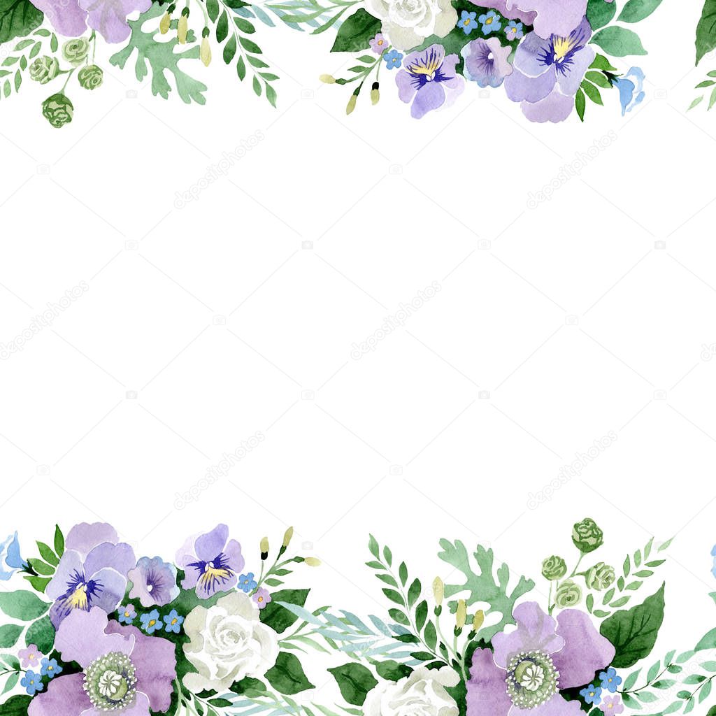 Violet bouquet floral botanical flowers. Watercolor background illustration set. Seamless background pattern.