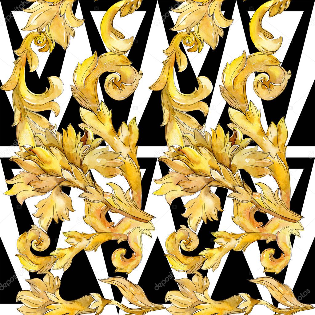 Gold monogram floral ornament. Watercolor background illustration set. Seamless background pattern.