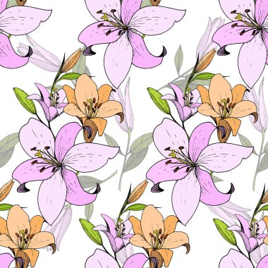 Vektör Lily botanik çiçek. Oyulmuş mürekkep sanat. Sorunsuz arka plan deseni. Kumaş duvar kağıdı yazdırma doku.