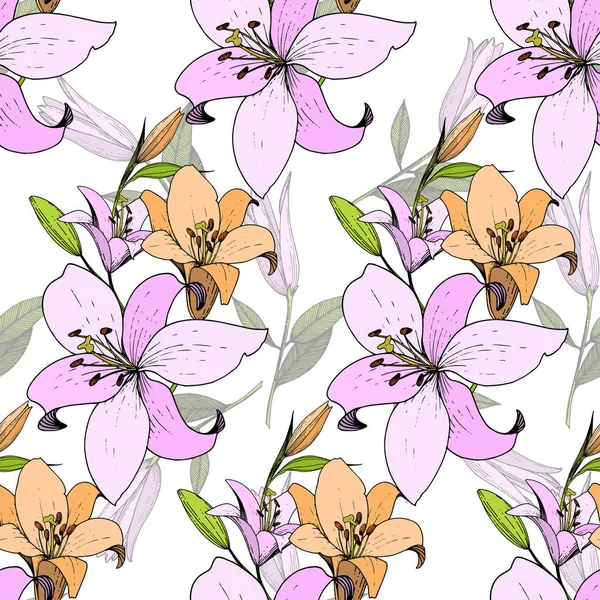 Flor botánica floral Vector Lily. Arte de tinta grabada. Patrón de fondo sin costuras. Textura de impresión de papel pintado de tela . — Archivo Imágenes Vectoriales