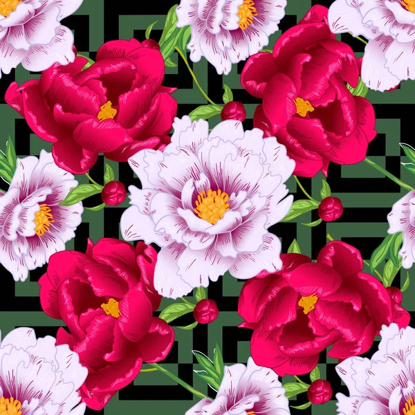 Vector rojo y rosa peonía flores botánicas florales. Arte de tinta grabada. Patrón de fondo sin costuras . — Vector de stock