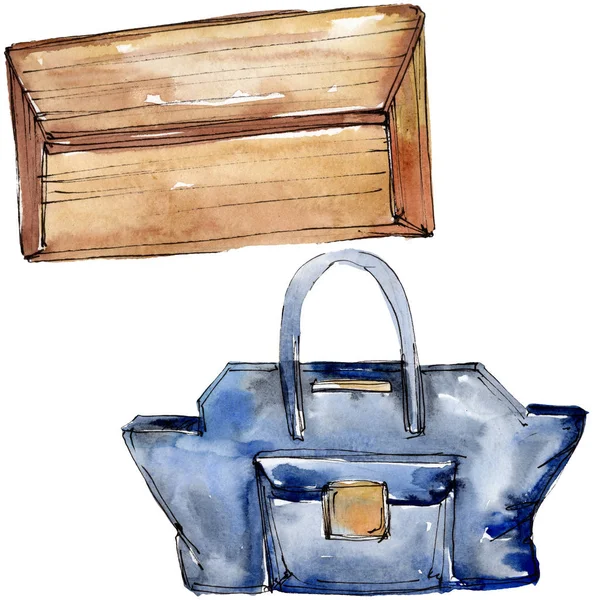 Debriyaj ve el çantası bir suluboya stil izole öğesi glamour çizimde kroki. Suluboya arka plan ayarlamak. — Stok fotoğraf