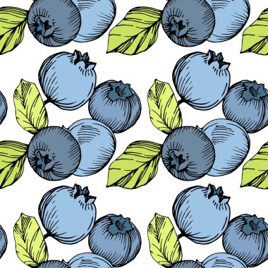 Vektör Blueberry Yeşil ve mavi mürekkep sanat kazınmış. Çilek ve yeşil yaprakları. Sorunsuz arka plan deseni.