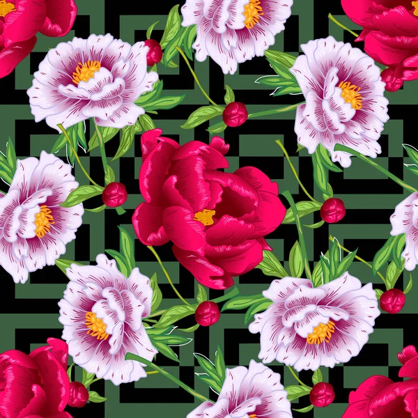 Vetor vermelho e rosa peônia flores botânicas florais. Arte de tinta gravada. Padrão de fundo sem costura . —  Vetores de Stock