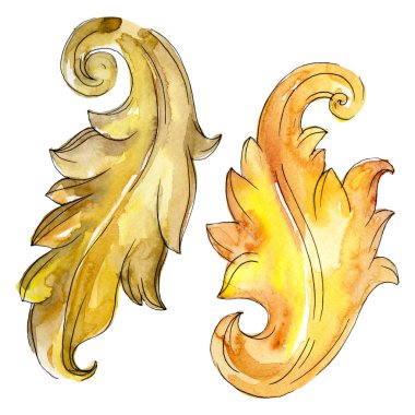 Altın monogram çiçek süsleme. Barok izole öğeleri Tasarla. Suluboya arka plan illüstrasyon seti.