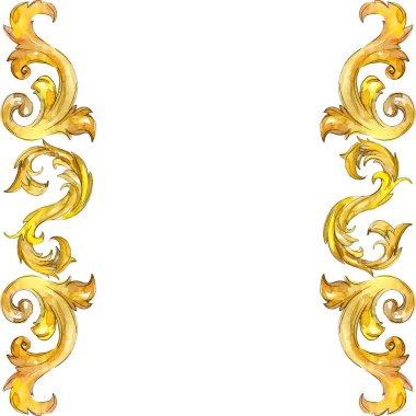 Altın monogram çiçek süsleme. Suluboya arka plan illüstrasyon küme. Çerçeve kenarlığı süsleme Meydanı.