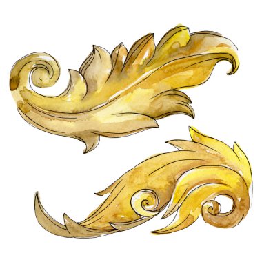 Altın monogram çiçek süsleme. Barok izole öğeleri Tasarla. Suluboya arka plan illüstrasyon seti.