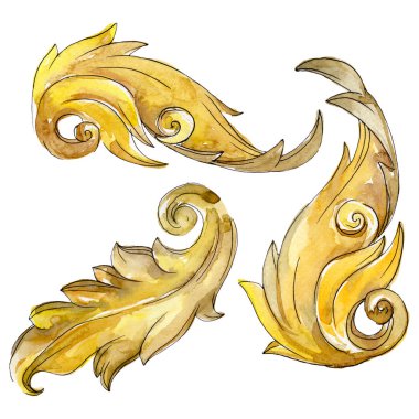 Altın monogram çiçek süsleme. Barok izole öğeleri Tasarla. Suluboya arka plan illüstrasyon seti.