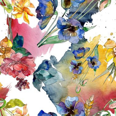 Lüks moda kır çiçekleri botanik çiçeklerle yazdırır. Suluboya resim kümesi. Sorunsuz arka plan deseni.