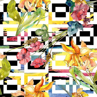 Lüks moda kır çiçekleri botanik çiçeklerle yazdırır. Suluboya resim kümesi. Sorunsuz arka plan deseni.