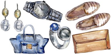 Moda kroki glamour çizimde bir suluboya stil izole öğesi. Suluboya arka plan ayarlamak.