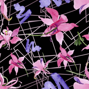 Kırmızı aquilegia botanik çiçek. Suluboya arka plan illüstrasyon küme. Sorunsuz arka plan deseni.