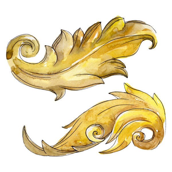 Gold monogram floral ornament. Baroque design isolated elements. Watercolor background illustration set.