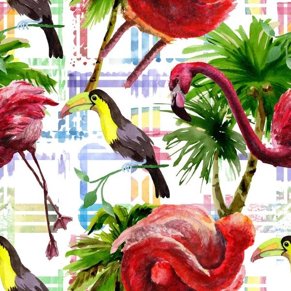 异国情调的红色火烈鸟在野生动物中被隔绝。水彩背景插图集。无缝的背景模式. — 图库照片