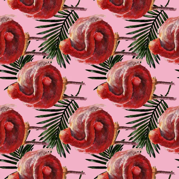 Exotic red flamingo in a wildlife isolated. Watercolor background illustration set. Seamless background pattern.