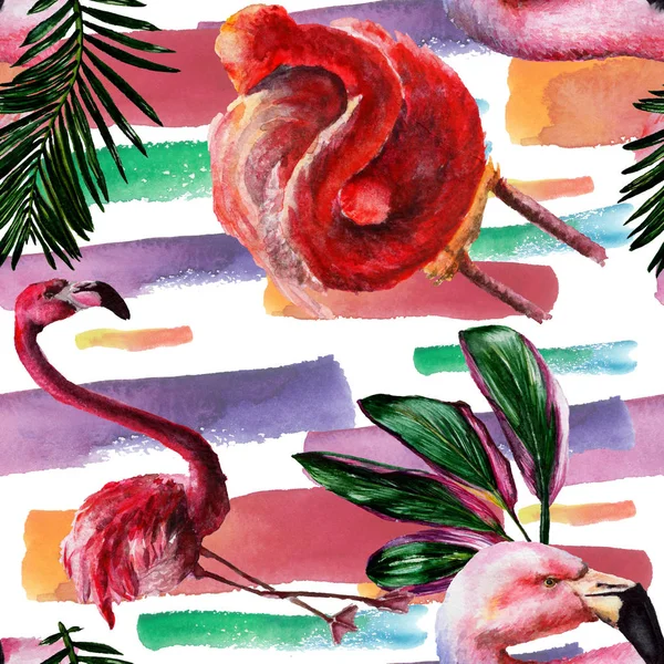Exotische Rode flamingo in een wildlife geïsoleerd. Aquarel achtergrond afbeelding instellen. Naadloze achtergrondpatroon. — Stockfoto