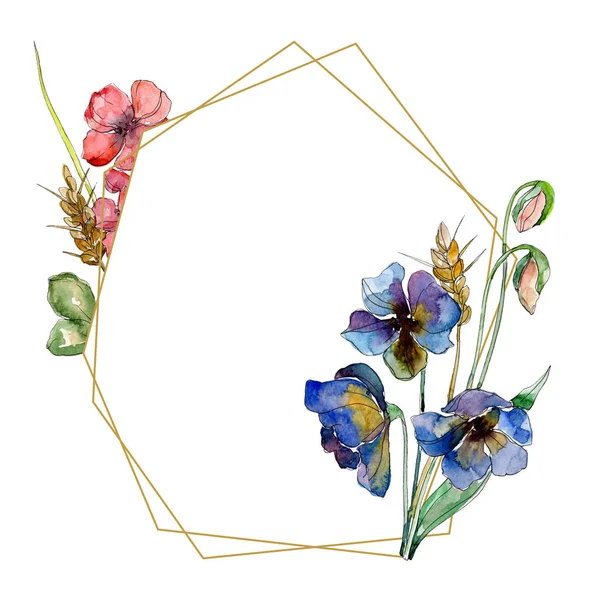 Mazzo di fiori selvatici fiori botanici floreali. Acquerello sfondo illustrazione set. Quadrato ornamento bordo cornice . — Foto Stock